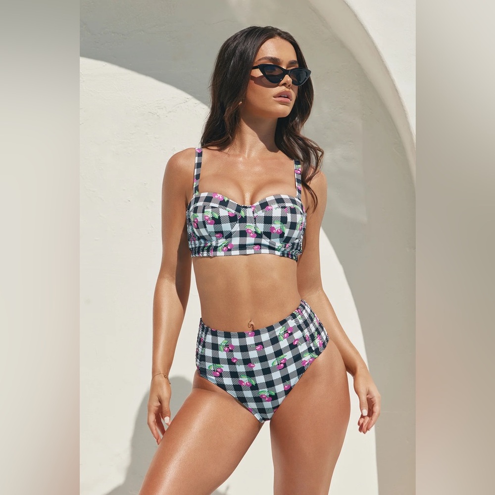❥𝖥𝖠𝖲𝖧𝖨𝖮𝖭𝗡𝗢𝗩𝗔: Summer Bloom Corset Underwire Smocked 2 Piece Bikini: Black/Combo